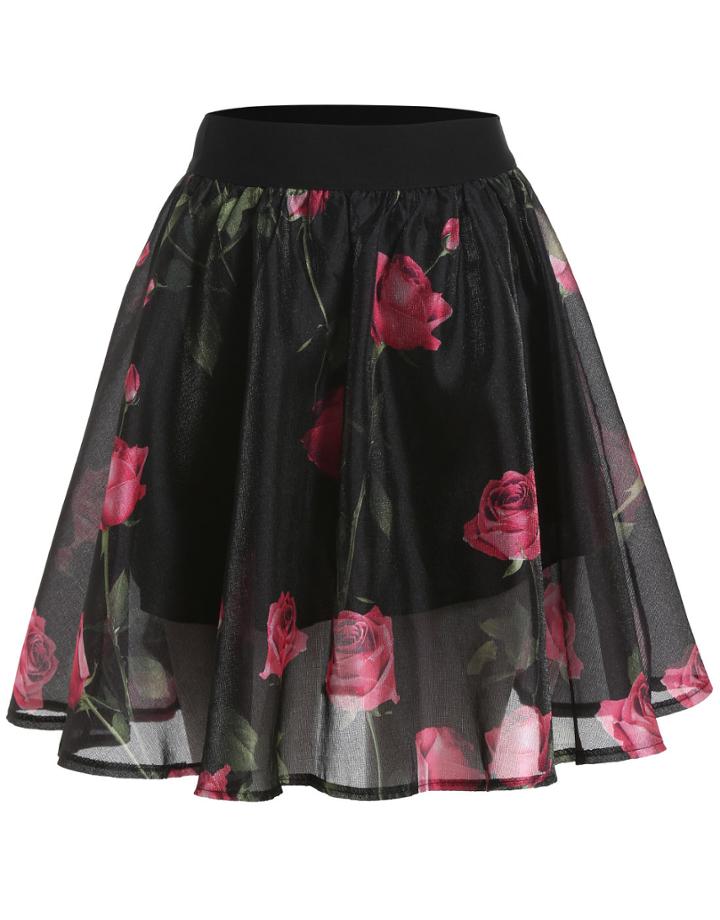 Romwe Elastic Waist Rose Print Flare Dress