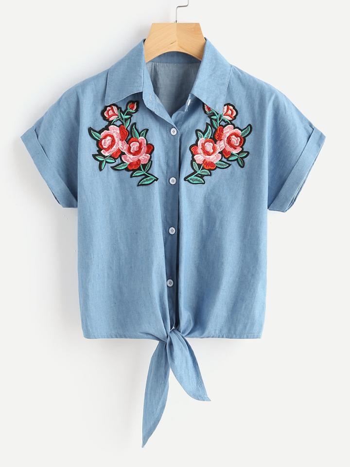 Romwe Rose Embroidered Patch Knot Front Cuffed Shirt