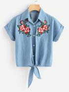 Romwe Rose Embroidered Patch Knot Front Cuffed Shirt