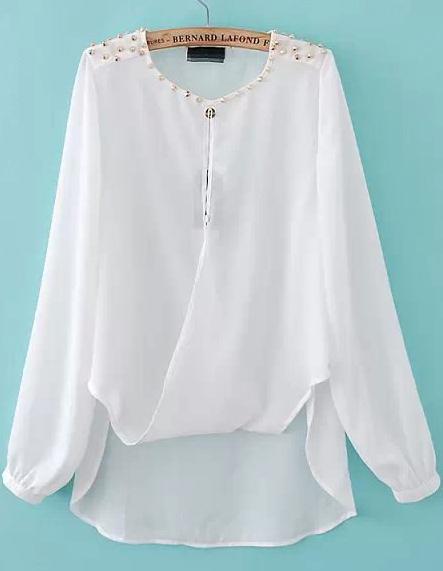 Romwe White Long Sleeve Rivet Dipped Hem Blouse