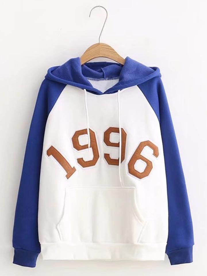Romwe Number Patch Kangaroo Pocket Hoodie