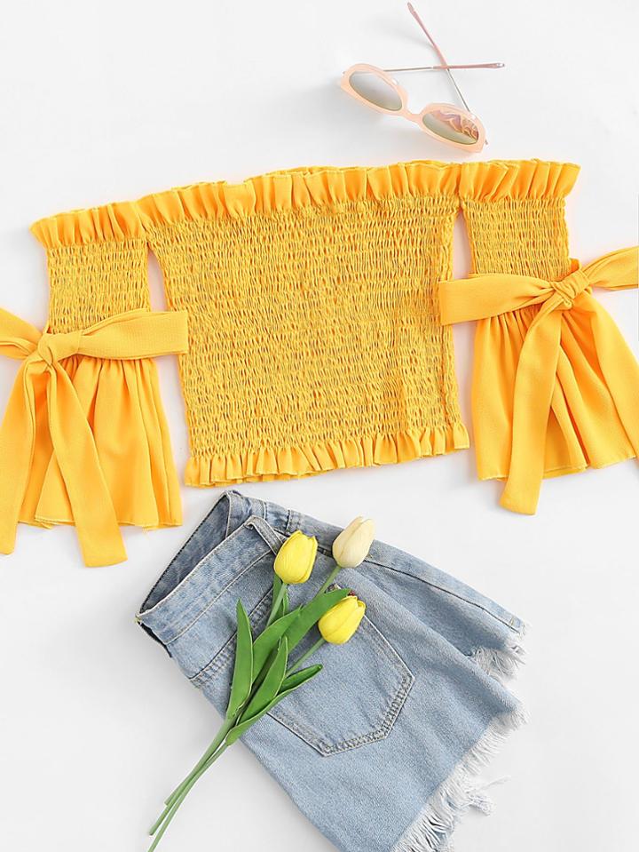 Romwe Off Shoulder Self Tie Flounce Sleeve Crop Top