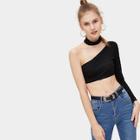 Romwe One Shoulder Ribbed Tee With Choker
