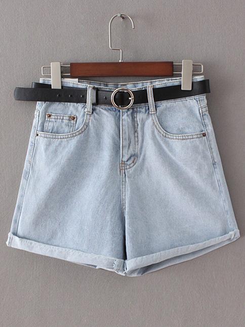Romwe Light Blue Pockets Roll Cuff Denim Shorts With Belt