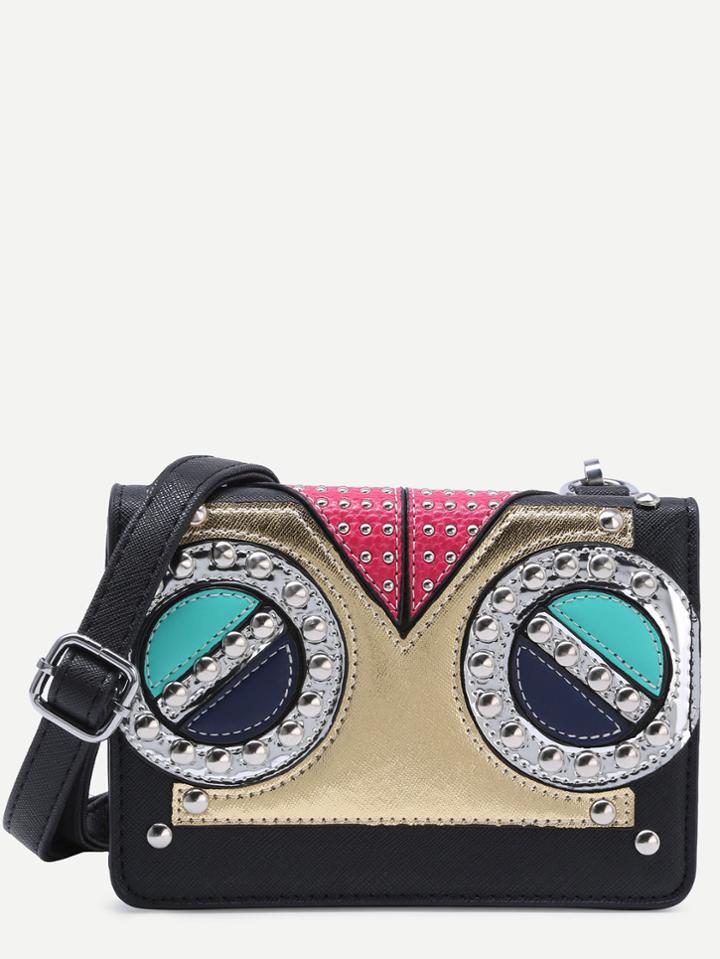 Romwe Black Rivets Patchwork Crossbody Bag