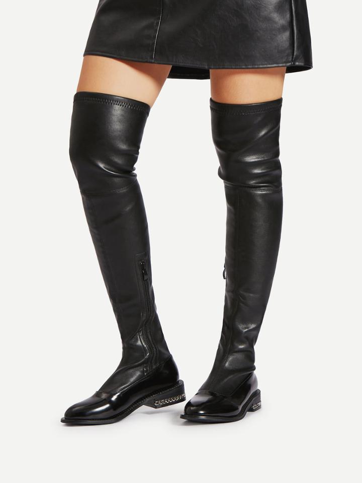 Romwe Chain Detail Almond Toe Pu Boots