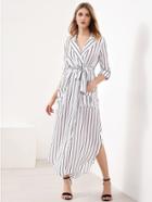 Romwe Vertical Striped Slit Side Curved Hem Shirt Dress