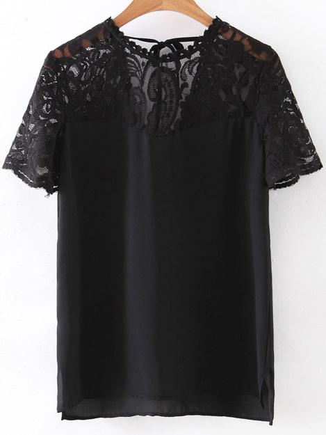 Romwe Black Lace Splice Split Side Tie Back T-shirt