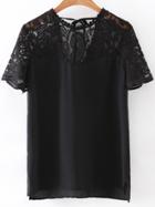 Romwe Black Lace Splice Split Side Tie Back T-shirt