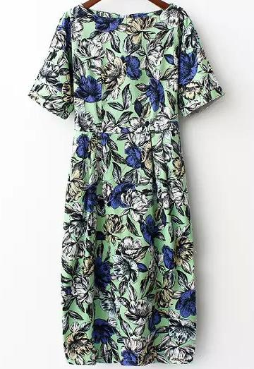 Romwe Green Short Sleeve Floral Slim Dress