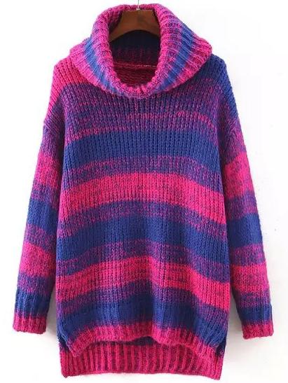 Romwe Turtleneck Striped Dip Hem Rose Red Jumper