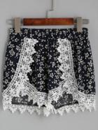 Romwe Black Floral Print Crochet Lace Trim Shorts
