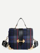 Romwe Metal Design Plaid Pu Shoulder Bag