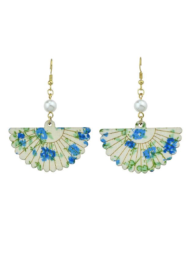 Romwe Blue Wood Sector Pattern With Simulated-pearl Drop Earrings