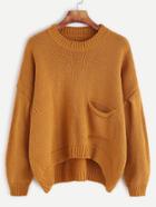 Romwe Khaki Drop Shoulder High Low Pocket Sweater