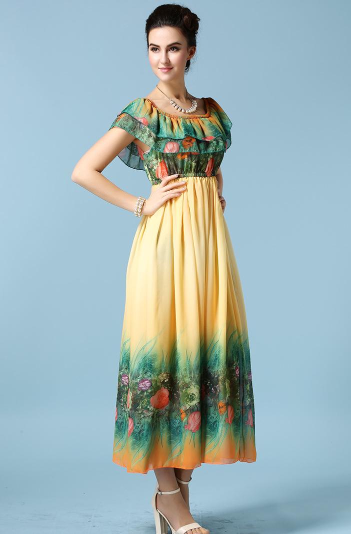 Romwe Off-shoulder Floral Flouncing Yellow Dress
