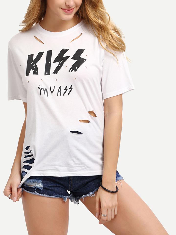Romwe White Cutout Printed T-shirt