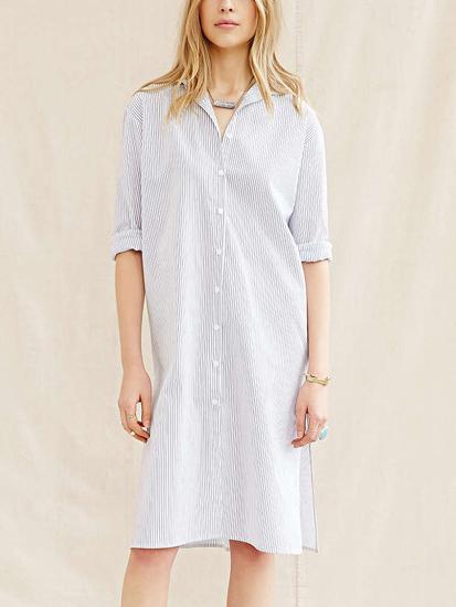 Romwe Women White Pinstriped Split Shirt Dress