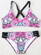 Romwe Hot Pink Floral Print Cross Back Cutout Bikini Set