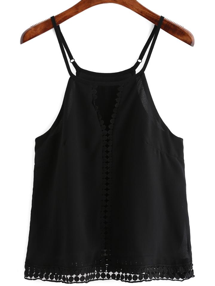 Romwe Spaghetti Strap Cut Out Black Cami Top