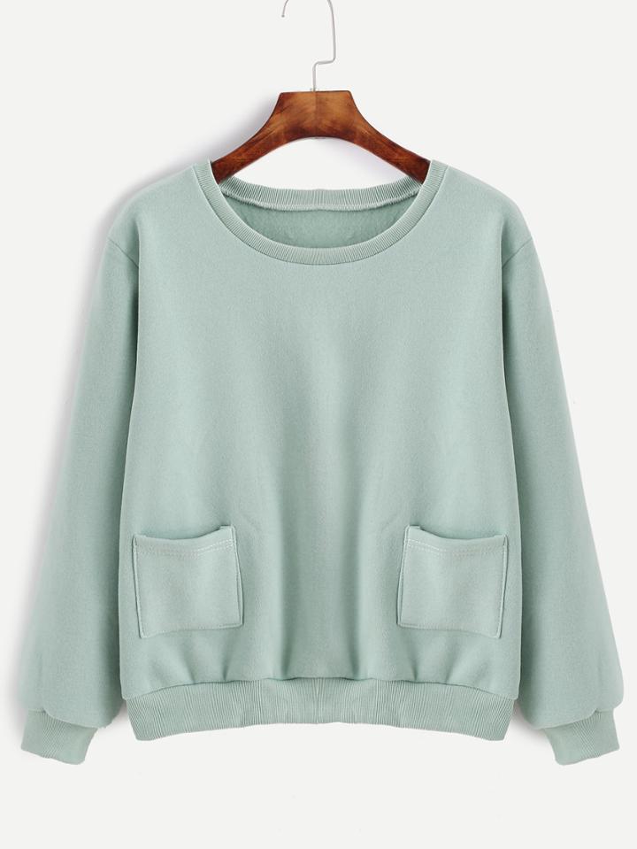 Romwe Pale Green Dual Pocket Front Sweatshirt