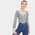 Romwe Gingham Plaid Button Through Puff Sleeve Blouse