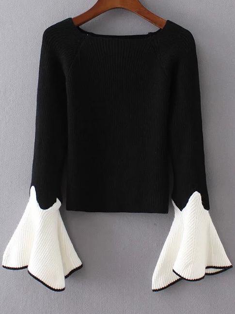 Romwe Black Contrast Bell Sleeve Knitwear