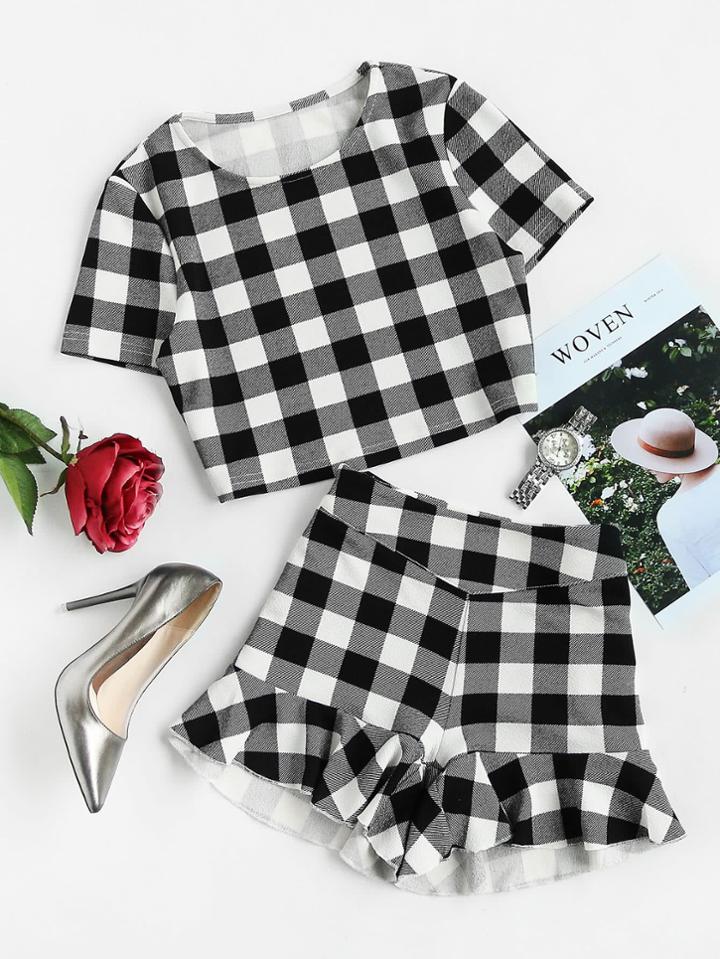 Romwe Checkered Crop Top And Ruffle Shorts Co-ord