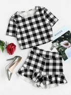 Romwe Checkered Crop Top And Ruffle Shorts Co-ord
