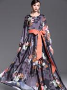 Romwe Multicolor Round Neck Long Sleeve Tie-waist Print Dress