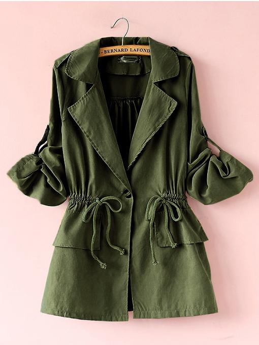 Romwe Olive Green Roll Tab Sleeve Drawstring Trench Coat