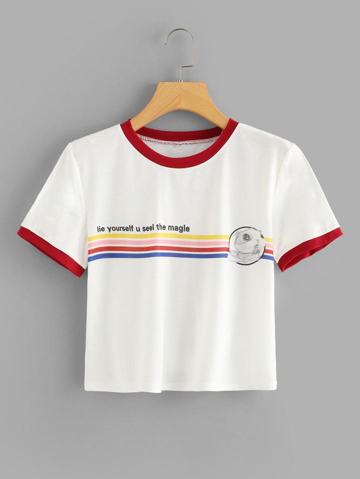 Romwe Contrast Trim Printed T-shirt
