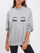 Romwe Drop Shoulder Eye Embroidered Heather Knit Sweatshirt