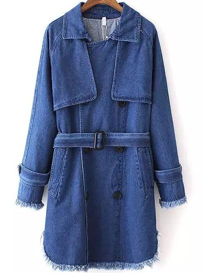 Romwe Lapel Frayed Belt Denim Long Coat
