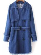 Romwe Lapel Frayed Belt Denim Long Coat