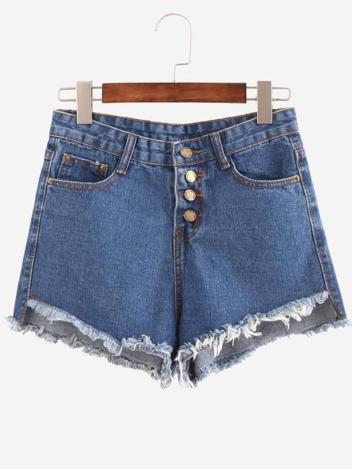 Romwe Blue Fringe Single Breasted Denim Shorts