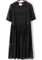 Romwe Black Short Sleeve Lace Pleated Dress