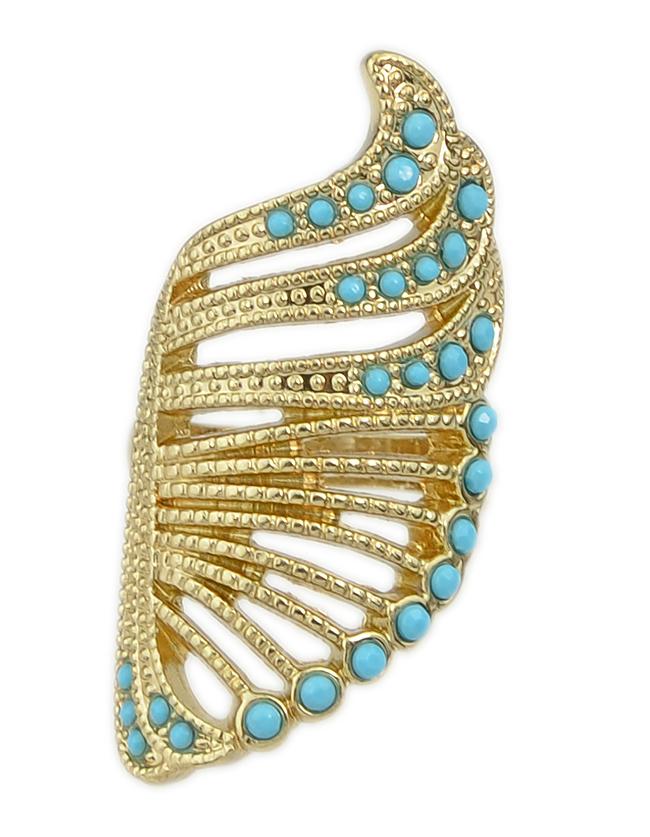 Romwe Gold Plated Blue Stone Angle Wing Long Finger Ring
