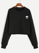 Romwe Black Alien Embroidered Crop Sweatshirt