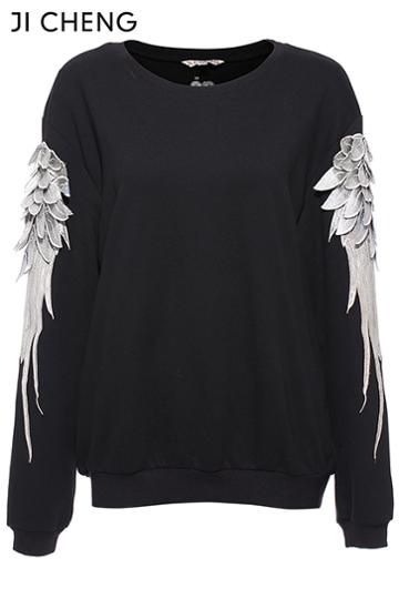 Romwe Wings Embroidered Black Sweatshirt