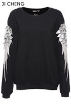 Romwe Wings Embroidered Black Sweatshirt