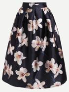 Romwe Black Flower Print Flare Skirt With Zipper