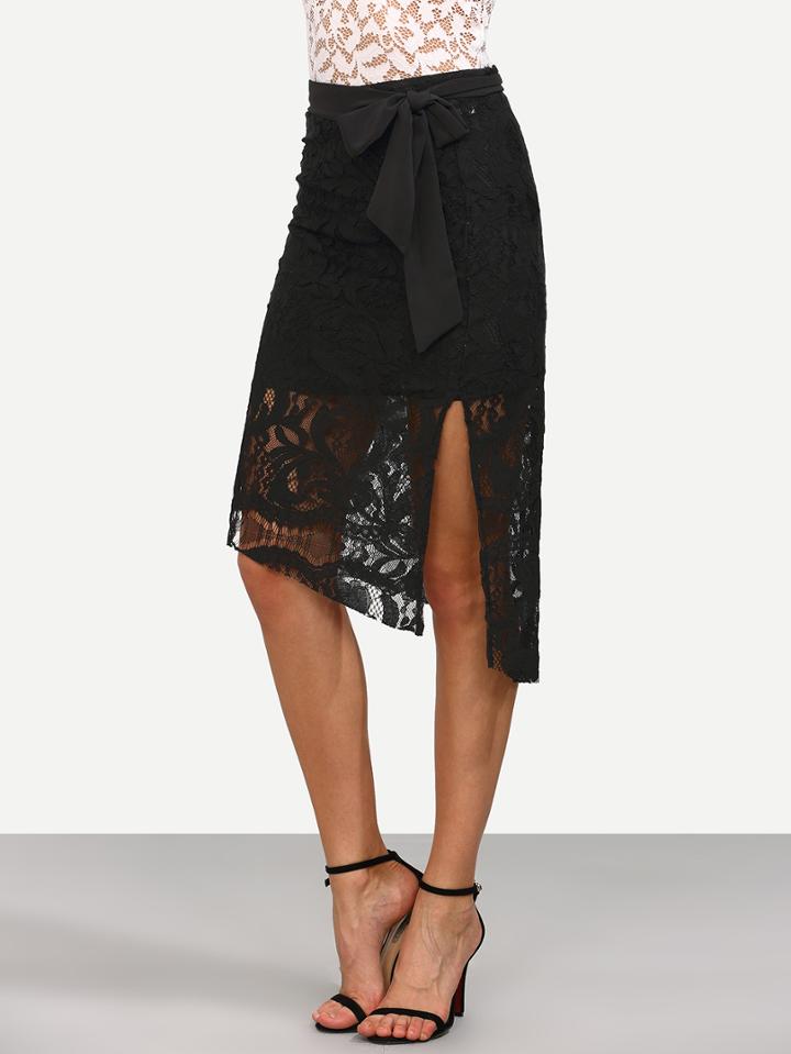 Romwe Black Self Tie Lace Overlay Asymmetric Skirt