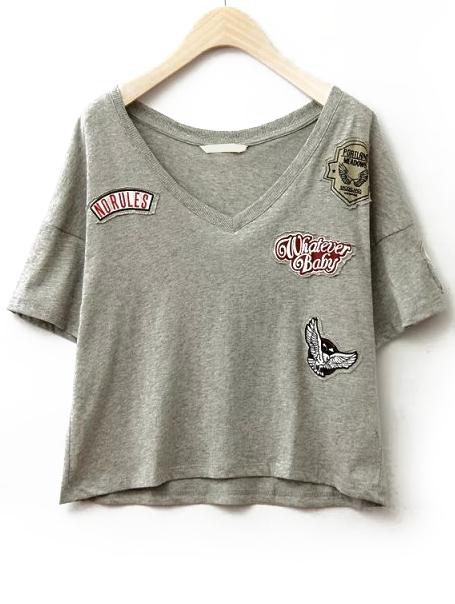 Romwe V Neck Dip Hem Embroidered Grey T-shirt