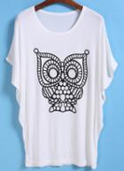 Romwe Owl Print Loose White T-shirt