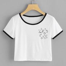 Romwe Planet Print Ringer Crop Tee