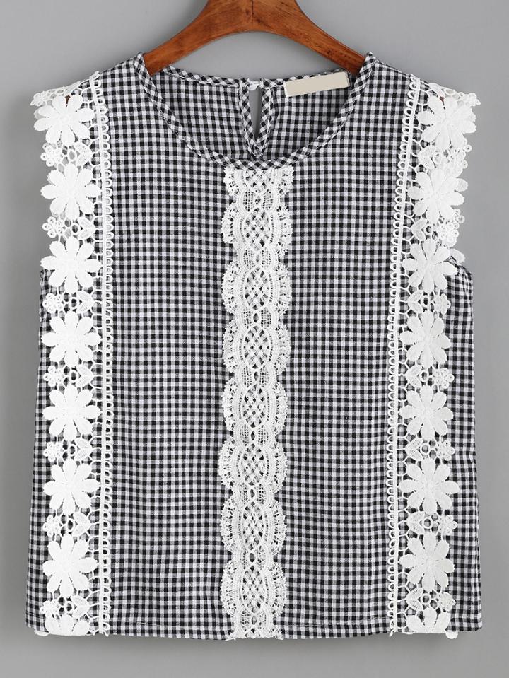 Romwe Black White Checkerboard Lace Applique Top