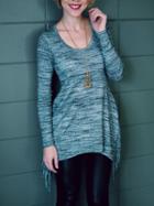 Romwe Grey Scoop Neck Side Slit Fringe T-shirt