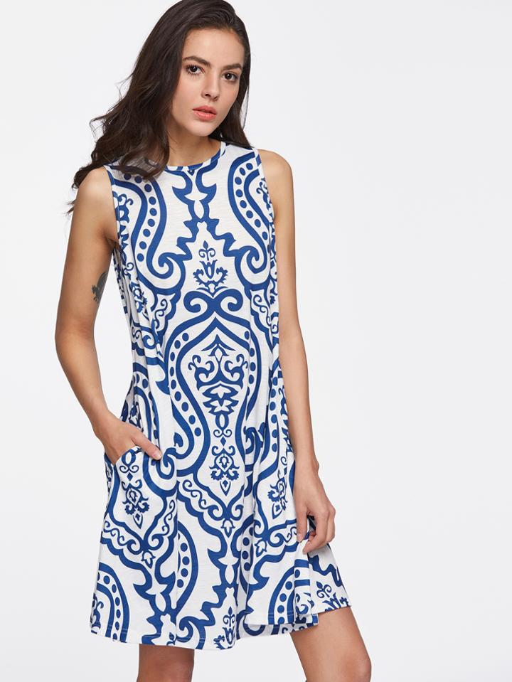 Romwe Damascus Print Pocket Side Swing Tank Dress