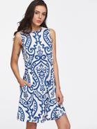 Romwe Damascus Print Pocket Side Swing Tank Dress